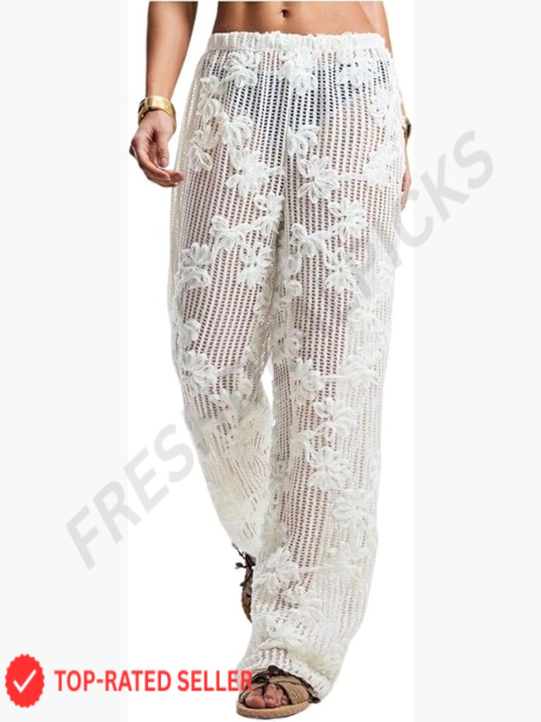 Lace Crochet Cover Up Pants Sheer Beach Swim Trunks Elastic Waist Y2k Trendy